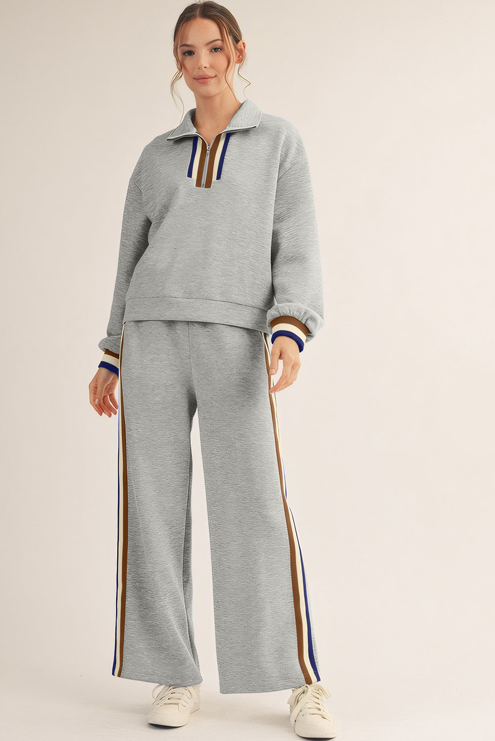 Gray Striped Patchwork Quarter Zip Pullover Loose Pant Set