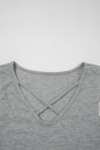 Gray Lace Patchwork Criss Cross V Neck Tank Top