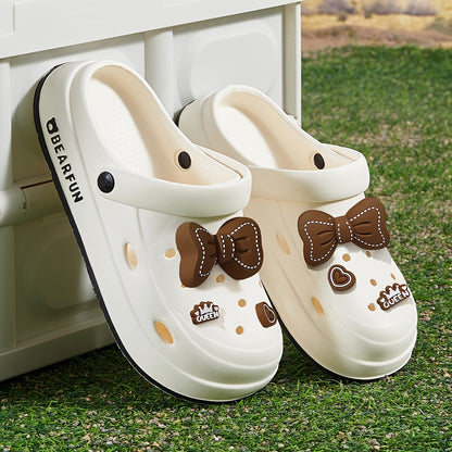 Women's White EVA Bow-Embellished Slippers - Lightweight Summer Beach Sandals with Thick Cushioned Sole, Soft Round Toe and Minimalist Design, Suitable for Indoor/Outdoor Use, Hand Washable