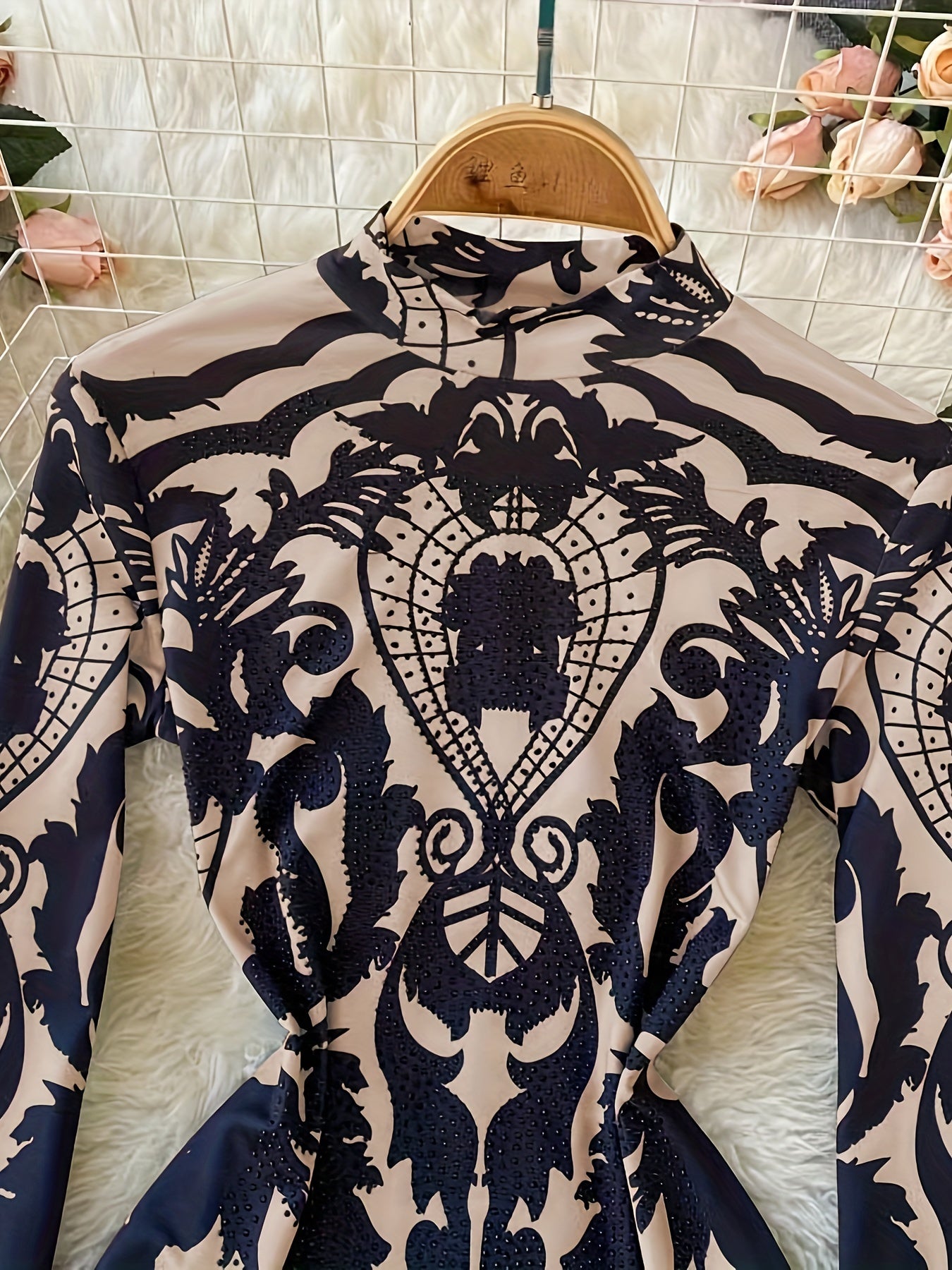 Women'S Tropical Print Bodysuit with Rhinestone Detail - Slim Fit, Stand Collar, Long Sleeve, All-Season Versatile Jumpsuit for Casual or Stylish Outfits, Stylish Outfit Bodysuit | Stand Collar Top | Polyester Fabric, Bodysui