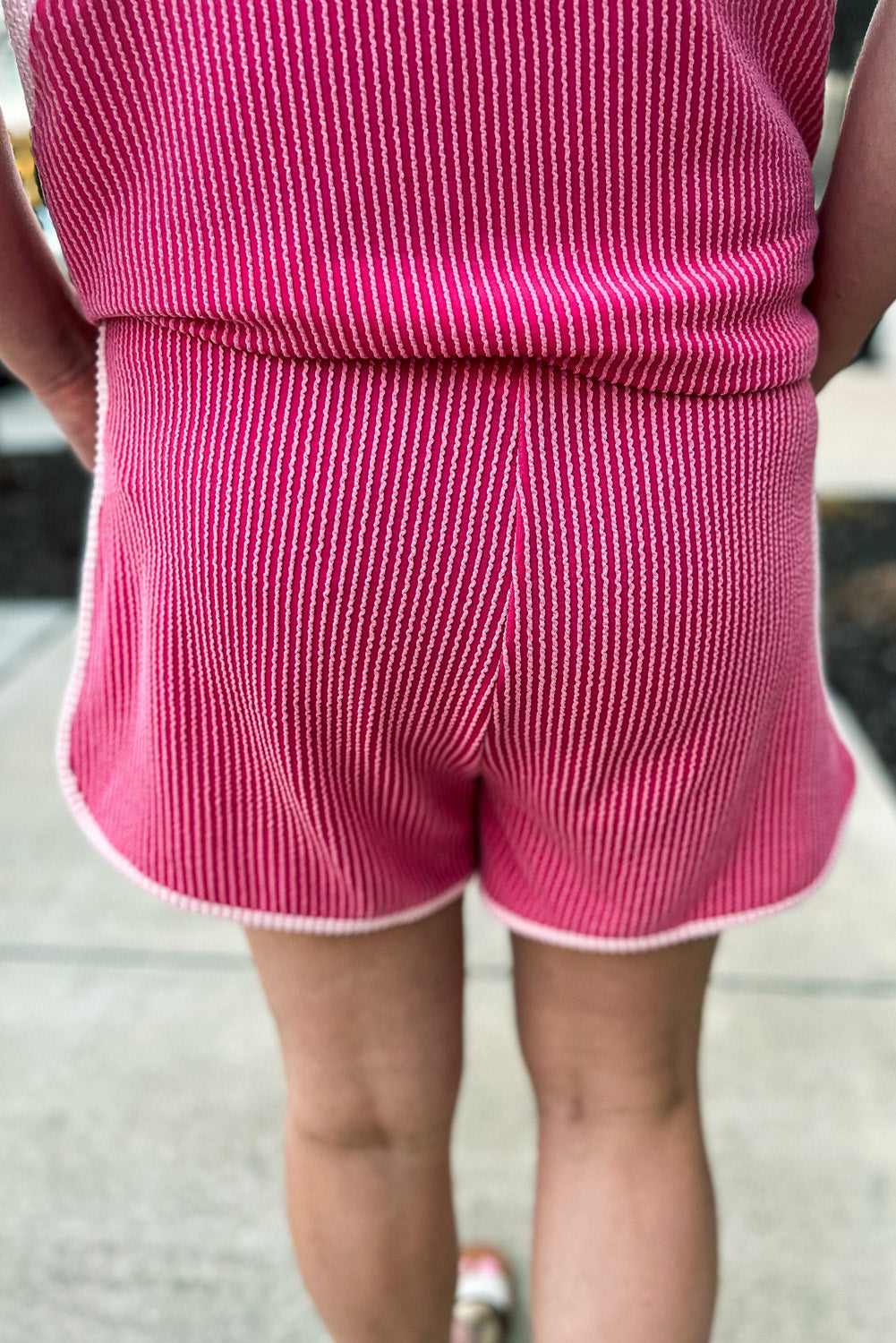 Rose Red 3D Spiral Ribbed Texture 2 Tones Patchwork Short Set