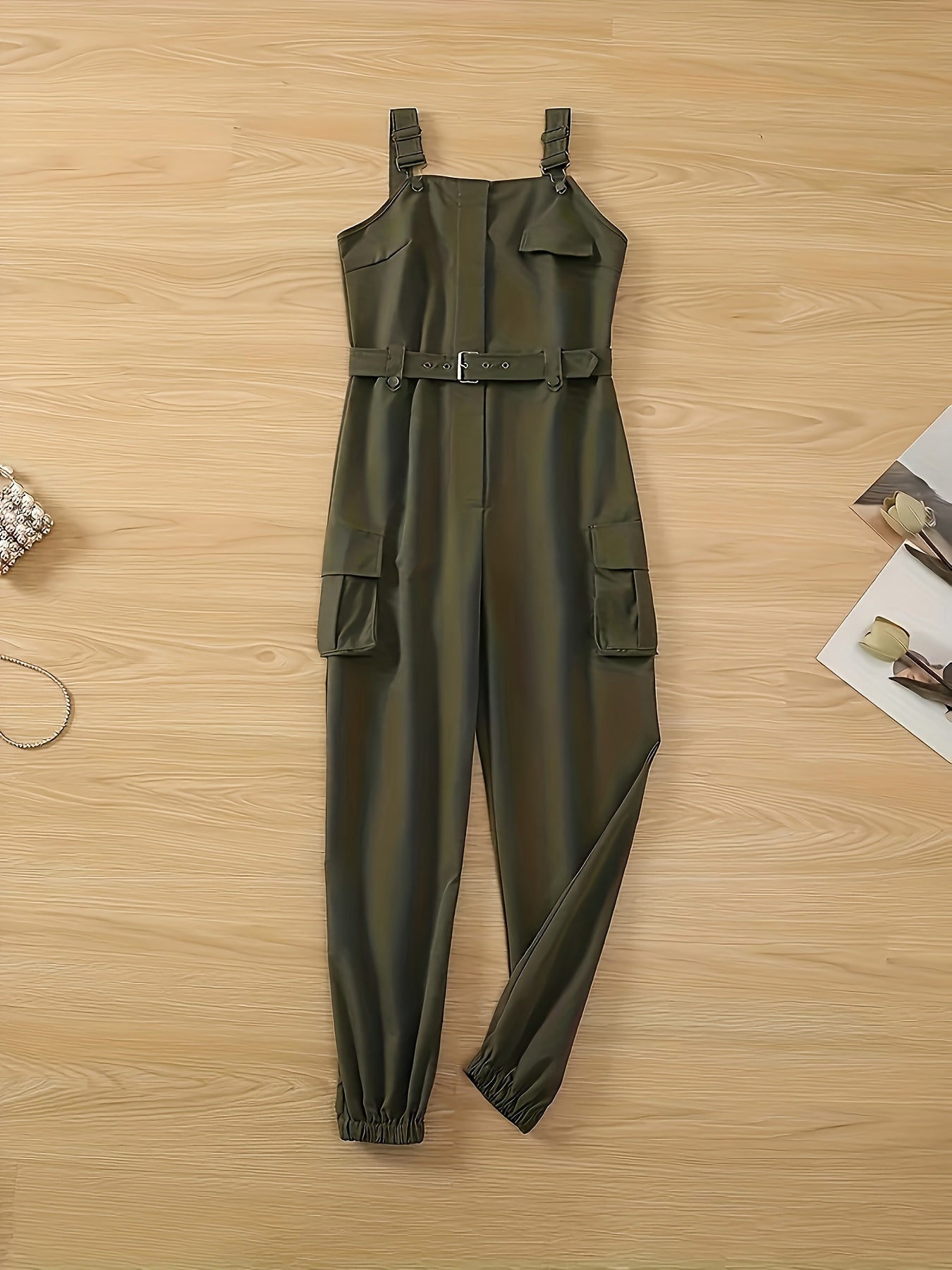 Solid Flap Pocket Belted Overall Jumpsuit, Casual Buckle Detail Loose Jumpsuit, Women's Clothing