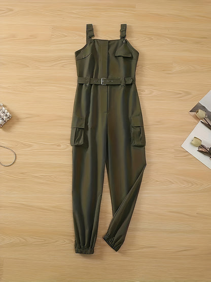 Solid Flap Pocket Belted Overall Jumpsuit, Casual Buckle Detail Loose Jumpsuit, Women's Clothing