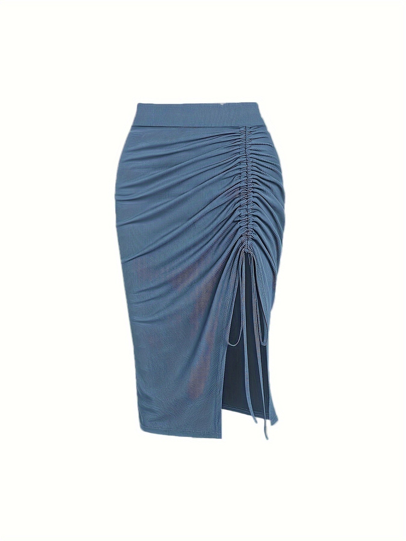 Solid Ruched Drawstring Split Skirt, Casual Bodycon Stretchy Skirt For Spring & Summer, Women's Clothing