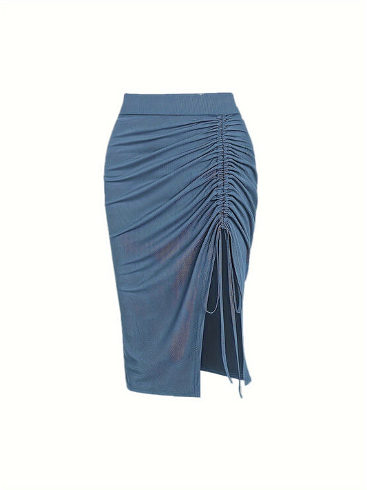 Solid Ruched Drawstring Split Skirt, Casual Bodycon Stretchy Skirt For Spring & Summer, Women's Clothing