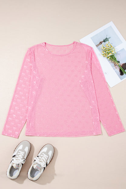 Pink Plus Size Bow Embroidered Mesh Long Sleeve Top