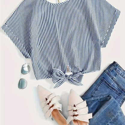 Striped Zip Up Knotted Blouse, Elegant Short Sleeve Crop Top For Spring & Summer, Women's Clothing