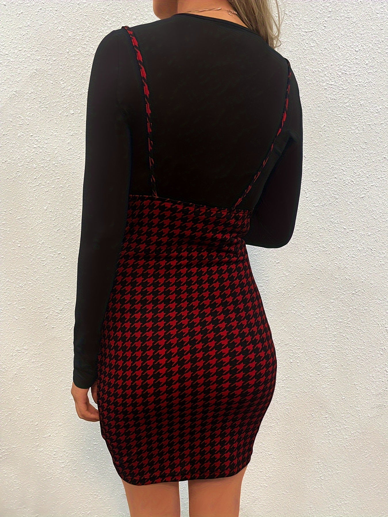 Houndstooth Slim Overall Skirt, Casual Above Knee Skirt For All-season, Women's Clothing