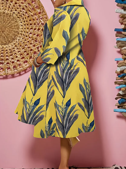 Plant Print Button Front Dress, Casual Long Sleeve Midi Dress, Women's Clothing