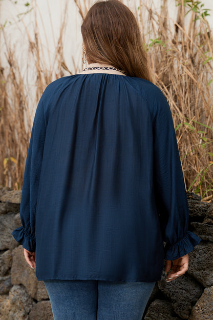 Navy Blue Contrast Leopard Patchwork Collar Plus Size Long Flounce Sleeve Blouse