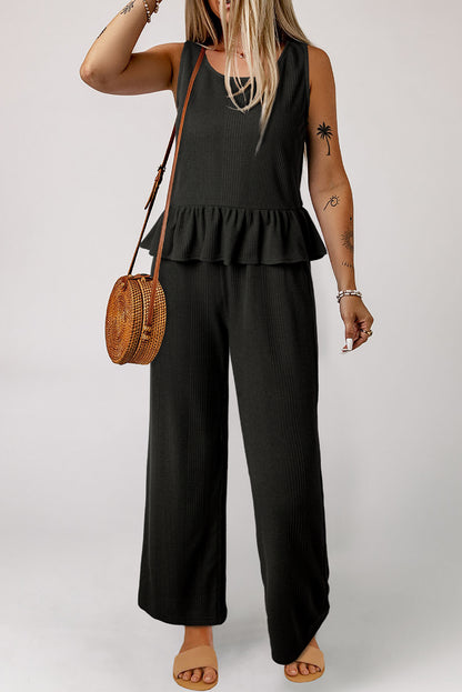 Black Solid Color Ribbed Ruffle Tank Top and Pants Set
