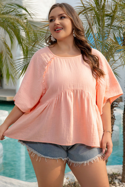 Apricot Pink Plus Size Textured Wide Short Sleeve Babydoll Blouse