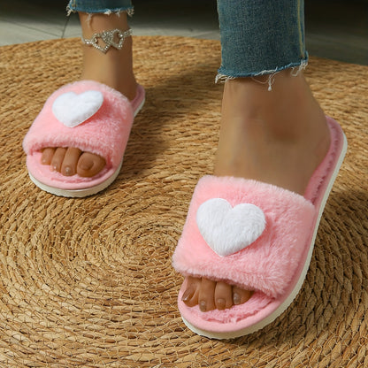[Cute Slippers] Cozy Plush Women's Winter Slippers | Fleece-Lined Non-Slip EVA Sole with Heart Pattern, Black & Pink, Cute Slipresistant Footwear, Casual Slipon, Fleecelined Interior, 2024 New