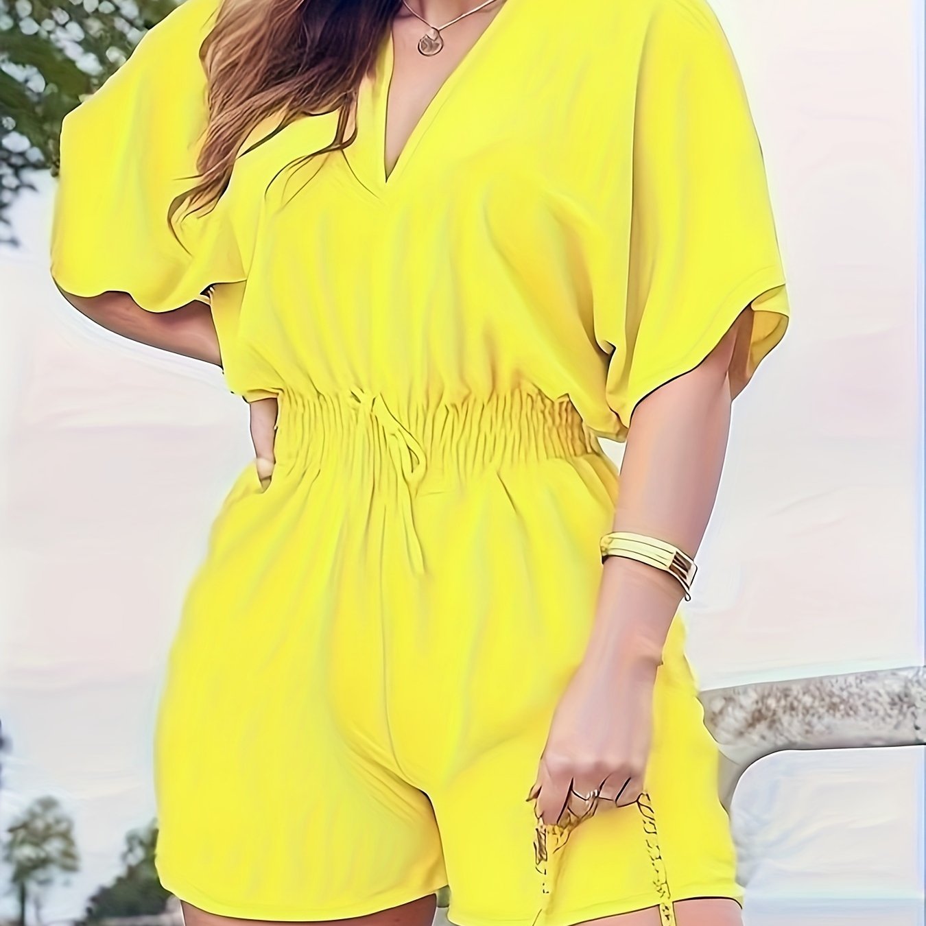 Solid V Neck Romper, Elegant Short Sleeve Shirred Waist Jumpsuit For Spring & Summer, Women's Clothing