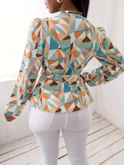 Geo Printed Belted Blouse, Elegant Long Sleeve V Neck Blouse For Spring, Women's Clothing