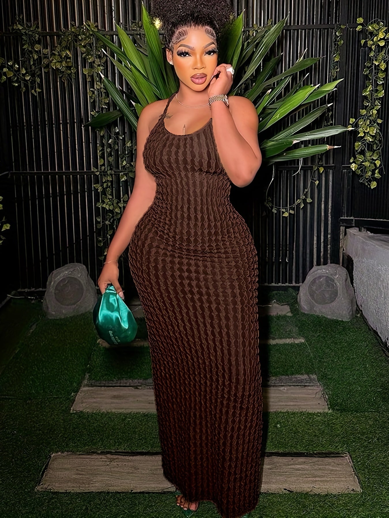 Solid Spaghetti Popcorn Dress, Sexy Backless Dress For Spring & Summer, Women's Clothing