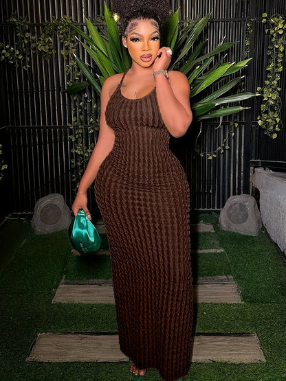 Solid Spaghetti Popcorn Dress, Sexy Backless Dress For Spring & Summer, Women's Clothing