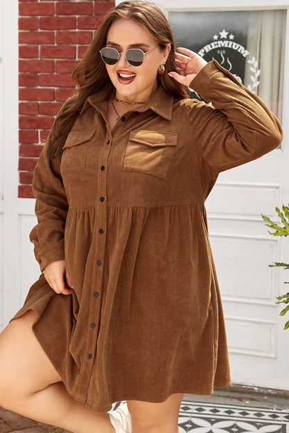 Camel Corduroy Full Buttoned Collared Shirt Style Plus Size Dress