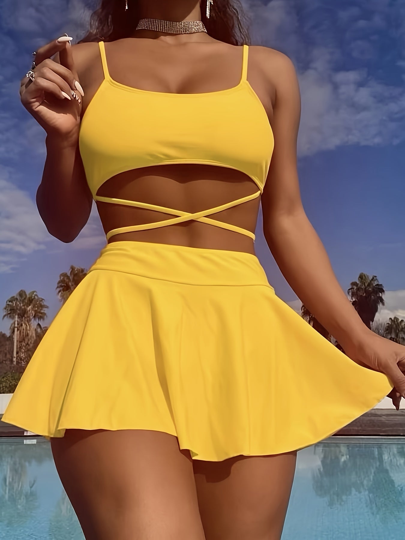 Elegant Solid-Color 3-Piece Swimwear: Cross-Strap Bikini & Pleated Skirt Cover-Up - Comfortable, Stretchy, and Durable