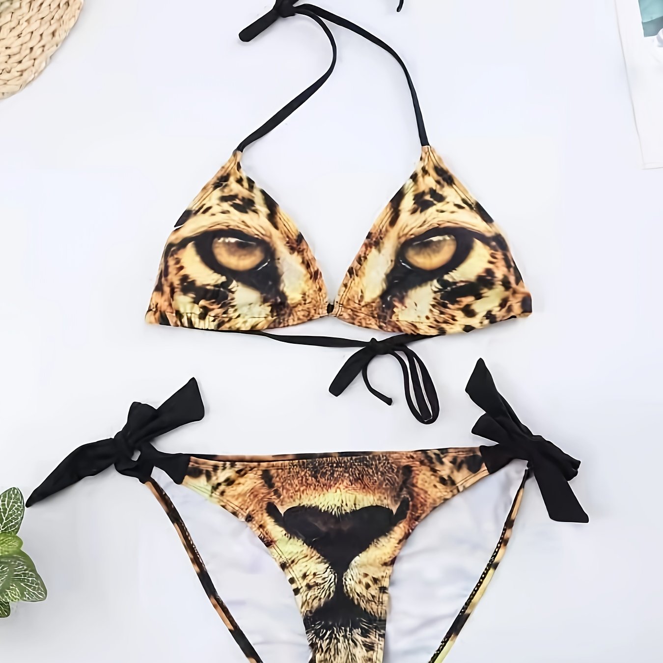 1pc Women'S Sexy Leopard Print Bikini Set, High Elastic Polyester Knit Fabric, Tie-Up Detail, Two-Piece Swimsuit