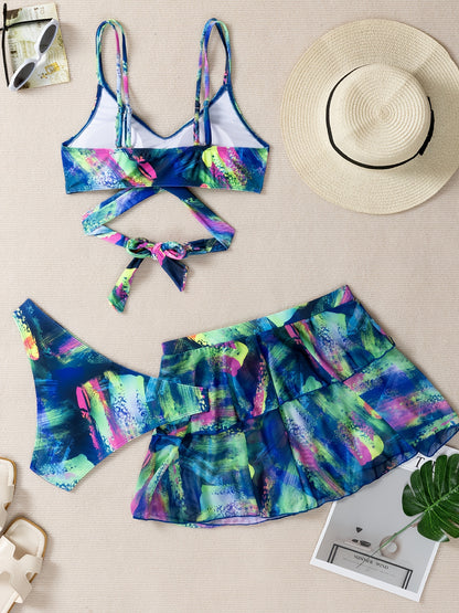 Women'S 3pcs Bikini Set with Skirt, Y0056, Polyester 82% Elastane 18%, Spaghetti Strap, Random Print, High Stretch Knit Fabric, Lace-Up Detail, Swimwear