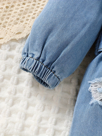 A Babygirl Open Collar Long Sleeve Ripped Denim Jumpsuit Spring And Autumn