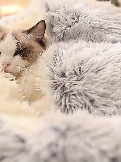Cozy Luxurious Plush Donut Pet Bed - Hooded, Non-Slip Bottom, Easy to Clean - for Cats & Small Dogs, Perfect for Winter Comfort