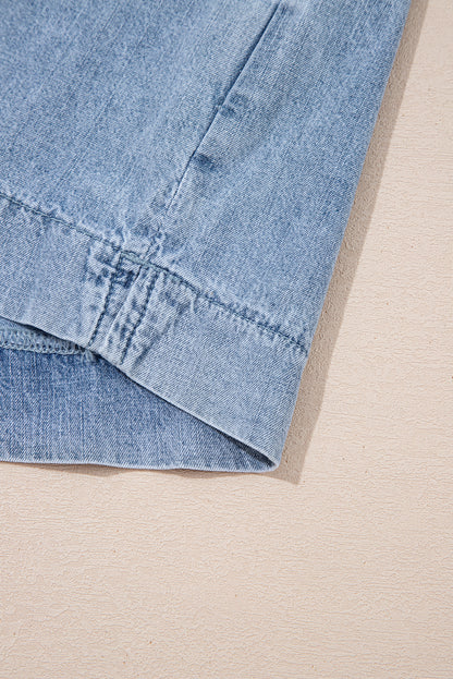 Myosotis Pintuck Pleats Puff Sleeve Split V Neck Summer Denim Top