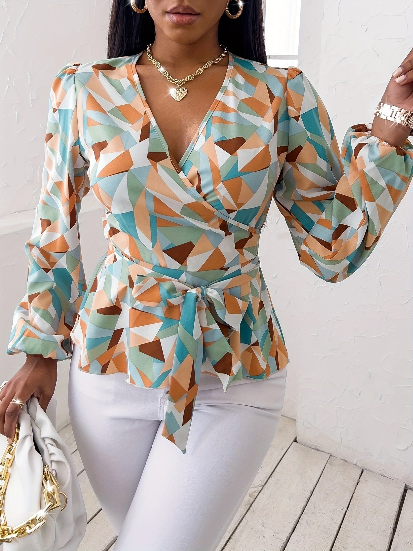Geo Printed Belted Blouse, Elegant Long Sleeve V Neck Blouse For Spring, Women's Clothing