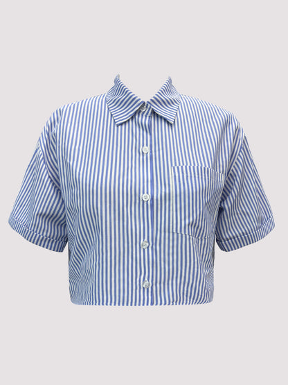 Vibrant Striped Button Up Crop Shirt - Women's Casual Blouses for Spring & Summer - Short Sleeve, Relaxed Fit, Soft Fabric, Perfect for Outdoor Activities