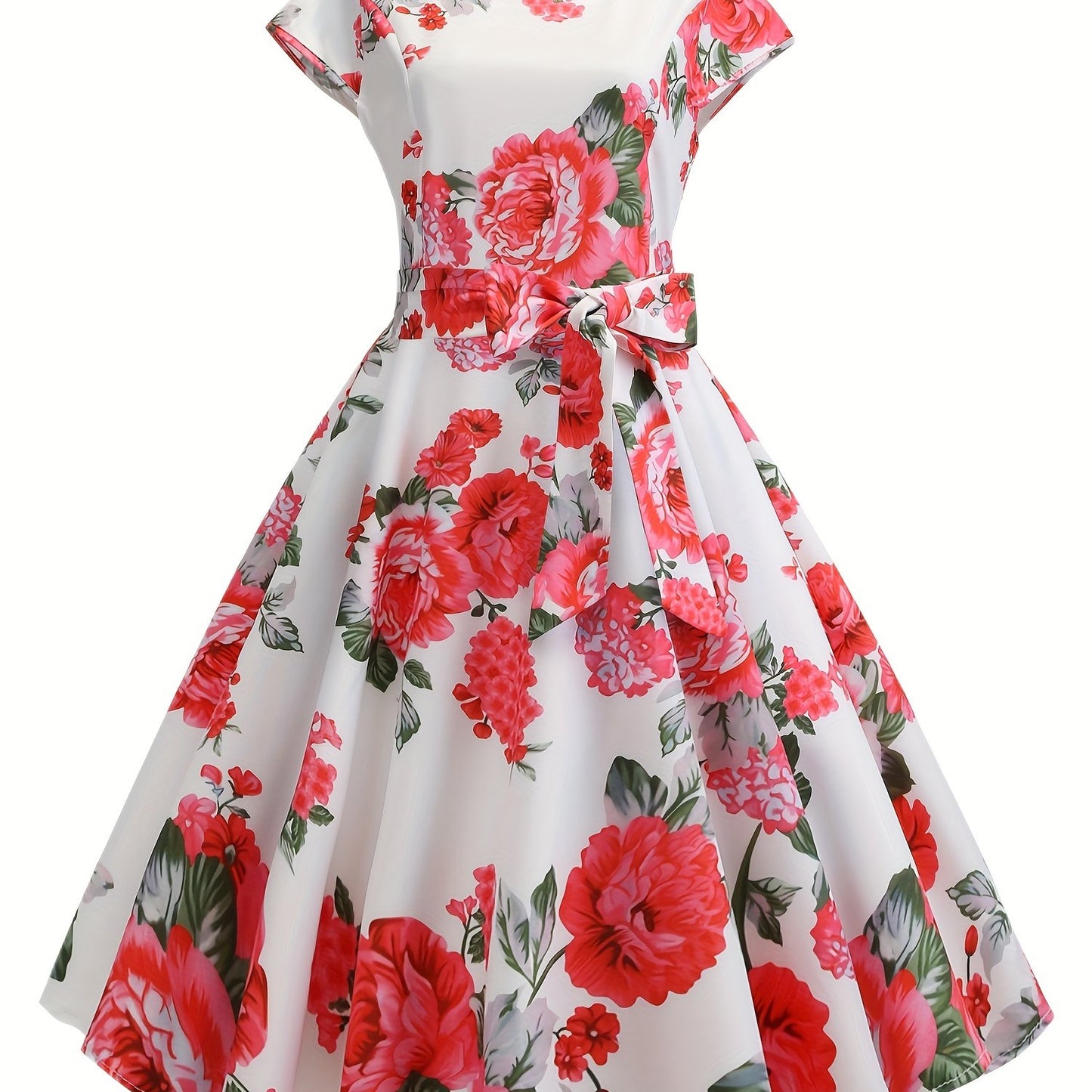 Floral Print Tie Waist Dress, Elegant Crew Neck Cap Sleeve Pleated Dress, Women's Clothing
