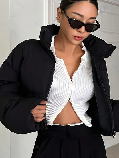 [Warm Puffer Jacket] Warm Women's Puffer Jacket | Cropped, Long Sleeve, Solid Color Black, Nylon Outerwear with Drawstring & Zipper, Machine Washable, Glossy Finish, Fashion Commute Style, Winter Jacket