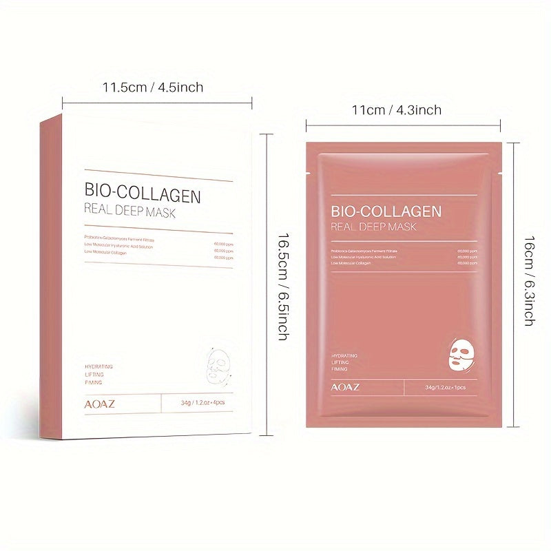4pcs Bio-Collagen Real Deep Mask Pack Hydrating & Firming Facial Sheet Masks with Collagen, Hyaluronic Acid & Nicotinamide Moisturizing & Invigorating for All Skin Types(1pc/4pcs/8pcs)