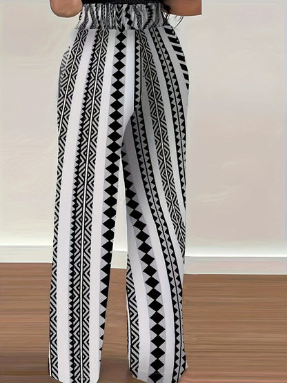 Plant Print Tie Waist Pants, Casual Wide Leg Long Length Pants, Women's Clothing