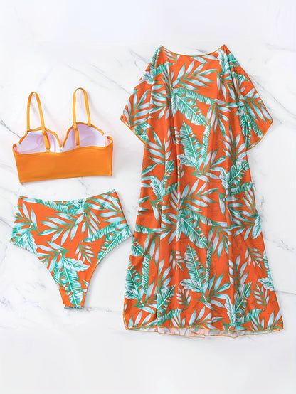 3 Piece Tropical Print High Waist Bikini Set - Off the Shoulder, High Stretch, Semi-Sheer, Polyester Fabric, Random Printing, Knit Swimsuits for Women - Perfect for Swimming and Beach Activities