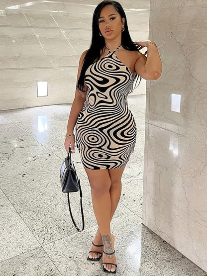 Chic Geometric Print Halter Mini Dress for Women - Sleeveless, Bodycon Fit, Perfect for Summer Beach Parties, Spaghetti Strap, Short Dress