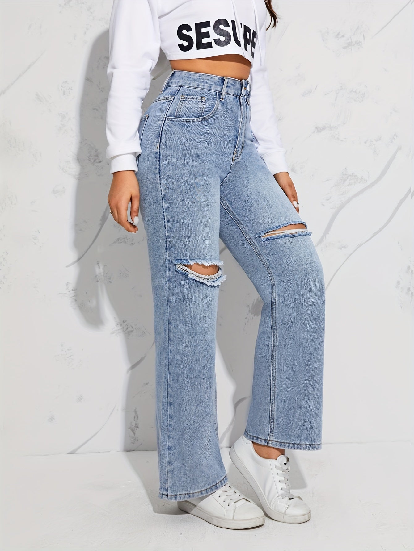 Blue Loose Fit Straight Jeans, Ripped Holes Non-Stretch Distressed Wide Legs Jeans, Women's Denim Jeans & Clothing
