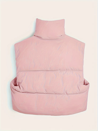 Women'S Elegant High-Neck Padded Vest with Drawstring Detail - Solid Color, Thick Warm Winter Sleeveless Jacket Vest, Casual Streetwear Style, 200g/m² Fabric Weight, Autumn/Winter Essential