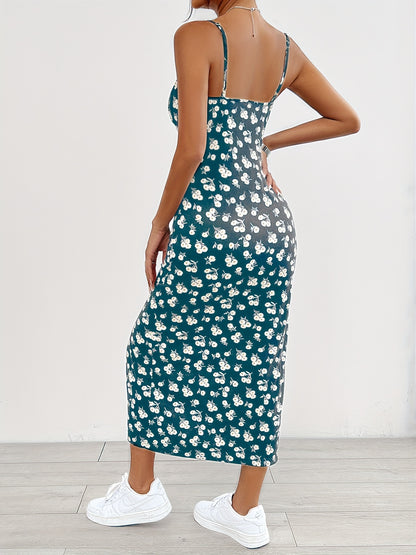 Flirty Floral Print Cami Dress with Flowy Split Hem - Chic Sleeveless Spaghetti Strap Design for Spring & Summer - A Fashionable Must-Have for Womens Wardrobe