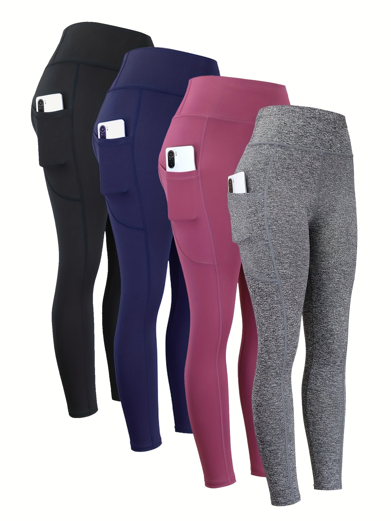 4pcs High Waist Yoga Leggings With Pocket For Women, Solid Color, Tight Fit, Women's Activewear