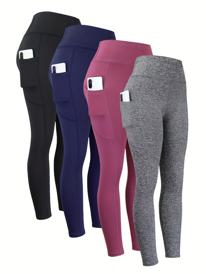 4pcs High Waist Yoga Leggings With Pocket For Women, Solid Color, Tight Fit, Women's Activewear