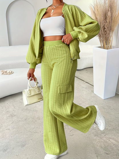 Women'S Casual Chic Two-Piece Set, Solid Color Long Sleeve Zippered Jacket and Straight-Leg Pants, Polyester 95% Elastane 5% Knit Fabric, Crew Neck, Fall/Winter Collection