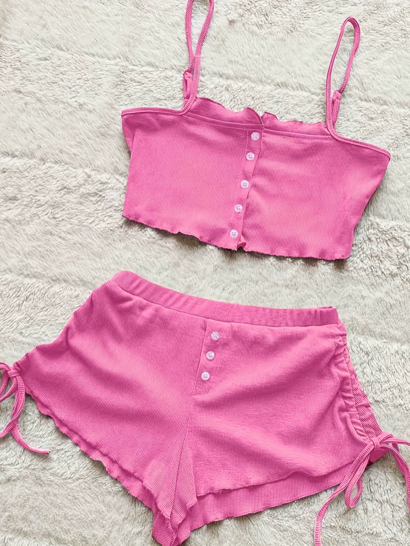 Simple Solid Print Lounge Set, Buttons Cami Top & Drawstring Shorts, Women's Loungewear & Sleepwear Koningsdag/King's Day