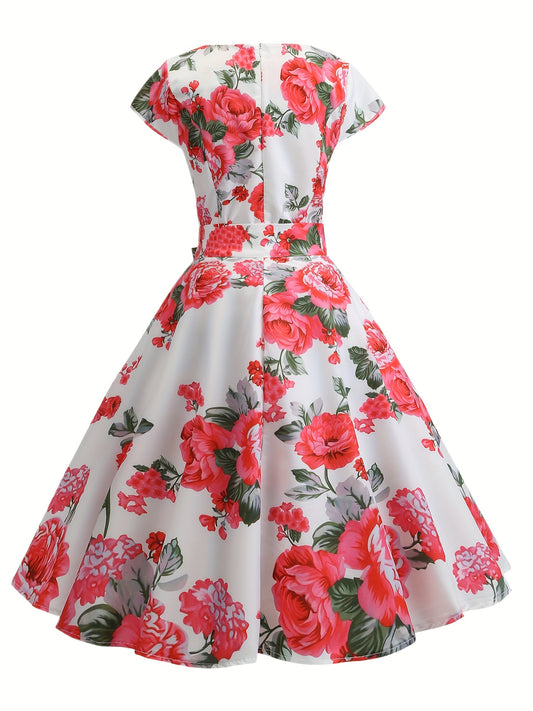 Floral Print Tie Waist Dress, Elegant Crew Neck Cap Sleeve Pleated Dress, Women's Clothing