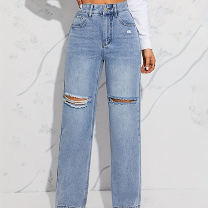 Blue Loose Fit Straight Jeans, Ripped Holes Non-Stretch Distressed Wide Legs Jeans, Women's Denim Jeans & Clothing