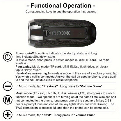 TG117 Portable Wireless Stereo Speaker System - Twin Speaker TWS Technology, Built-in Mic for Hands-Free Calls, FM Radio, TF Card & USB Playback - Perfect for Travel, Outdoor Adventures, and Indoor Entertainment