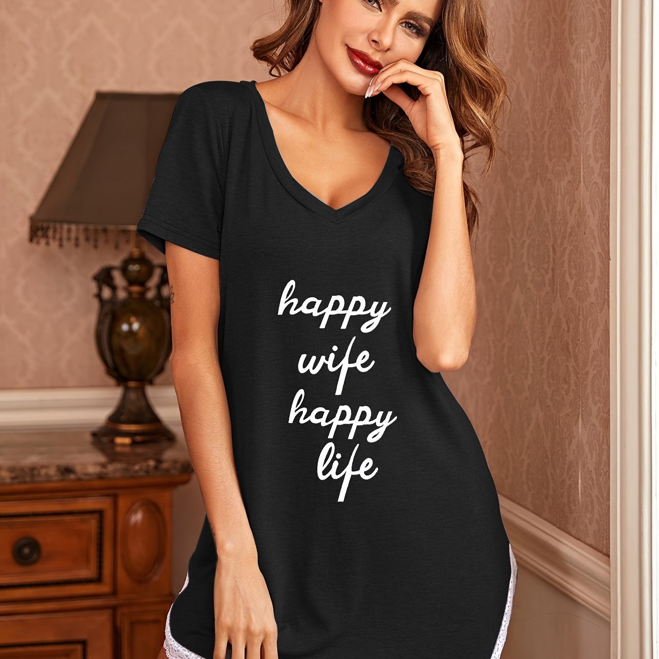 [Sexy Nightgown] Soft Gray V-Neck Nightgown | Women's Sexy Letter Print with Lace Trim - "Happy Wife Happy Life" Design, Comfortable Home Wear, Cozy Sleepwear, Playful Design