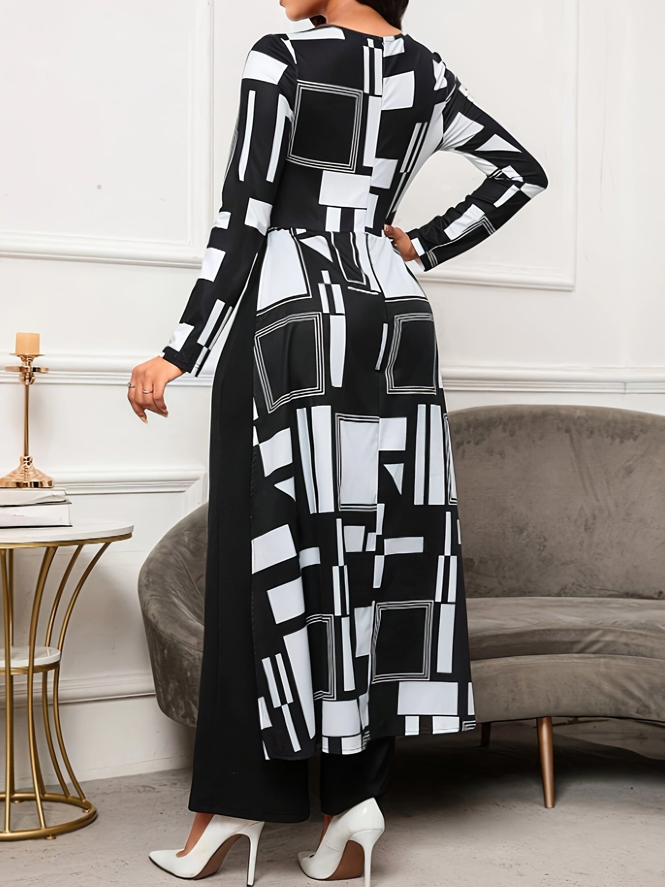 Geo Print Crew Neck Jumpsuit, Elegant Long Sleeve Wide Leg Culottes Jumpsuit For Spring & Fall, Women's Clothing