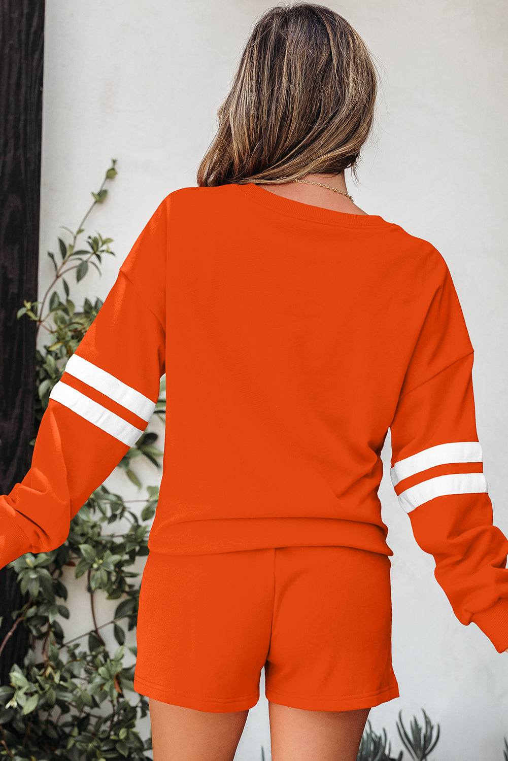 Orange Varsity Striped Sleeve Drop Shoulder Sweatshirt and Short Set