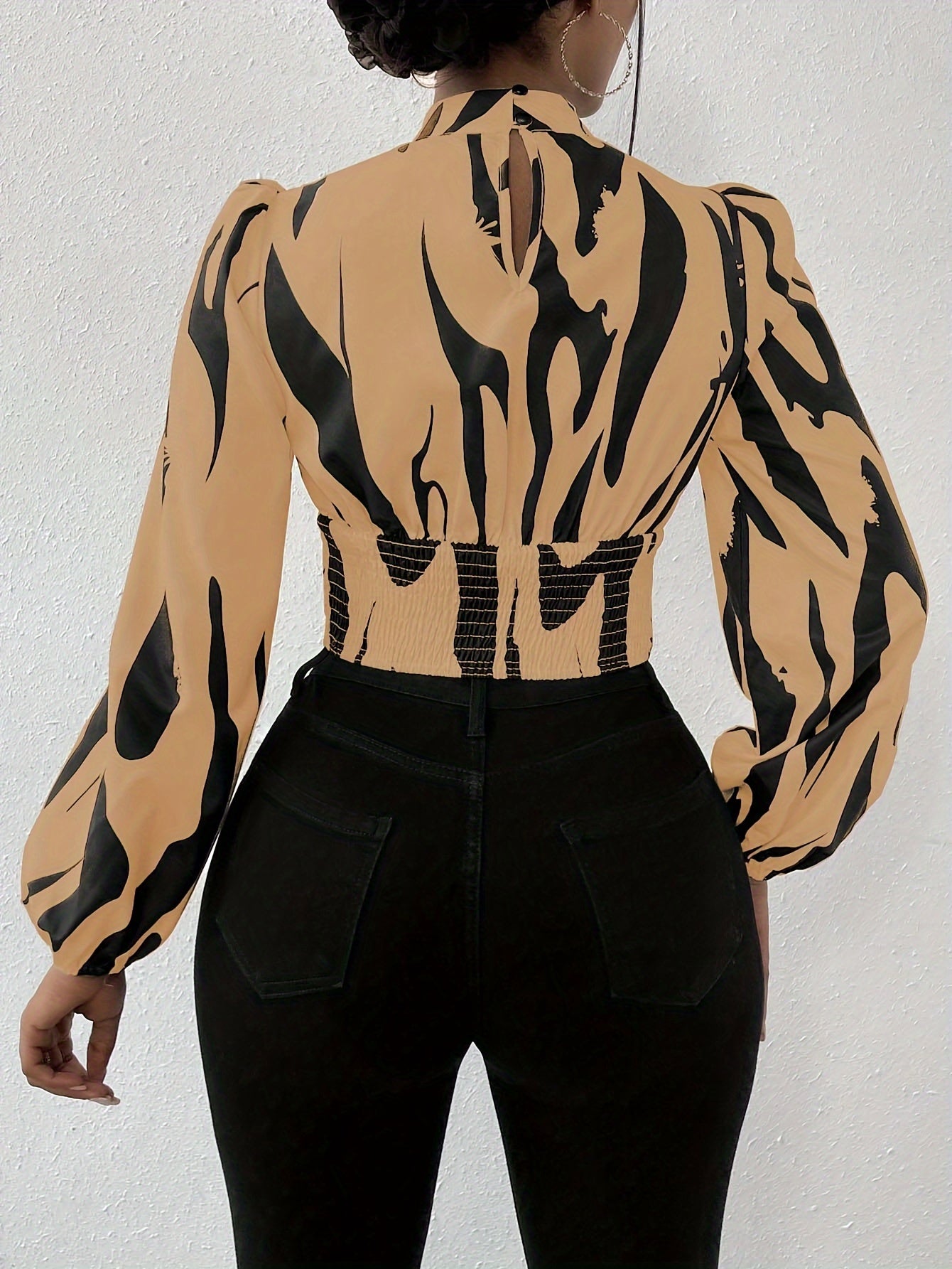 Graphic Print Mock Neck Crop Blouse, Elegant Long Sleeve Cut Out Shirred Blouse, Women's Clothing